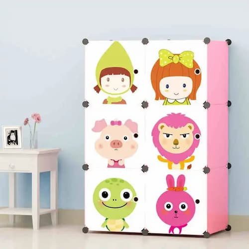 כוורת אחסון צעצועים מודולארית ורודה 6 תאים, עם סגירה מאוירת לכל תא.