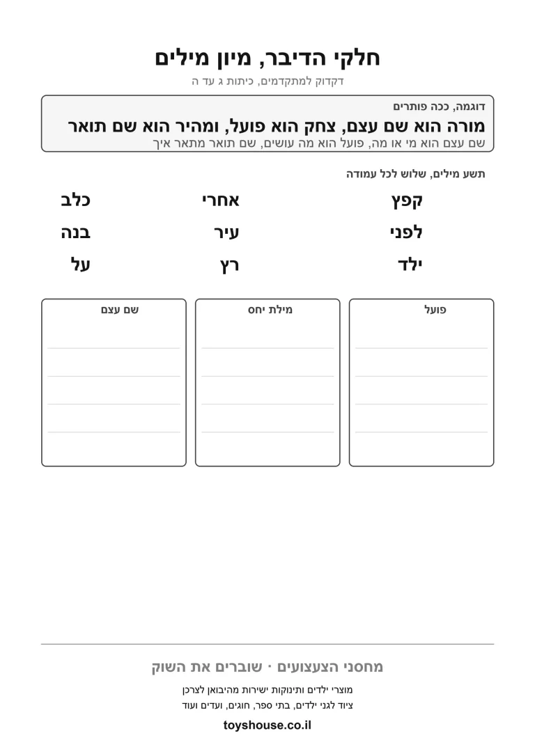 זיהוי חלקי הדיבר במשפט, דף עבודה להדפסה לילדים