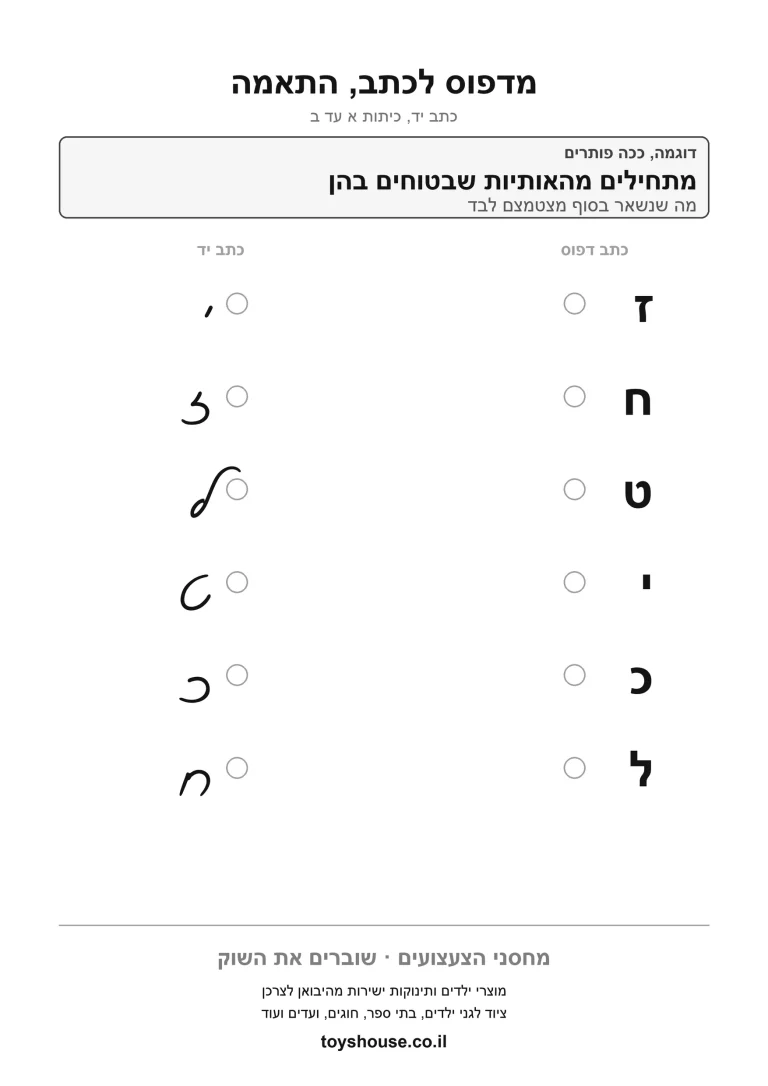דף עבודה לכתב מחובר, התאמת אות דפוס לכתב להדפסה ולתרגול