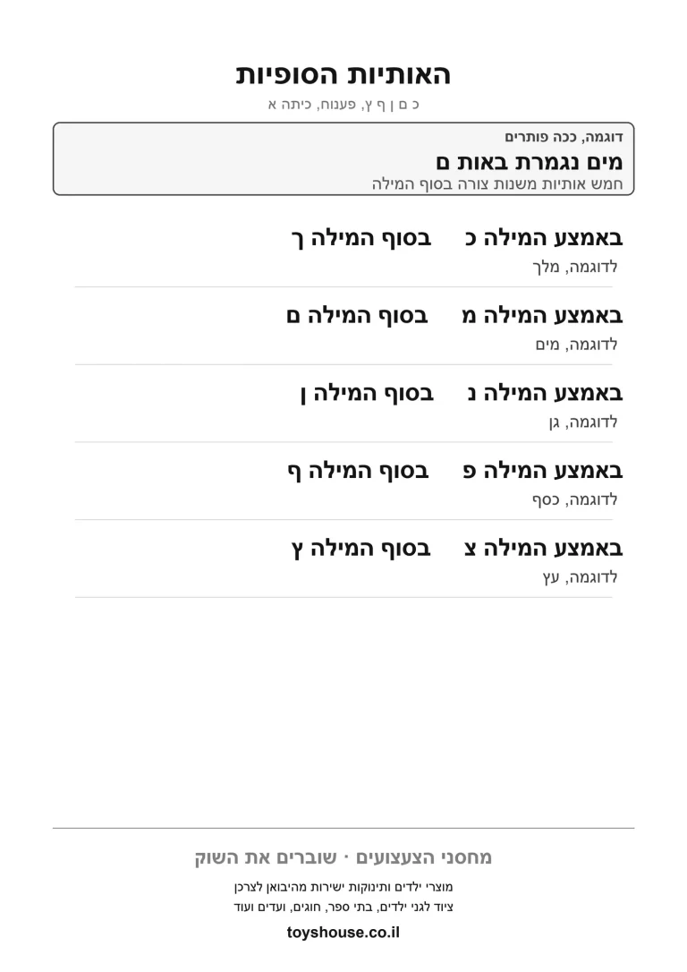 דף עבודה לאותיות הסופיות, לתרגול הצורה של האות בסוף מילה להדפסה