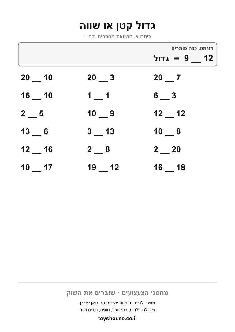 דף עבודה להשוואת מספרים, מוכן להדפסה