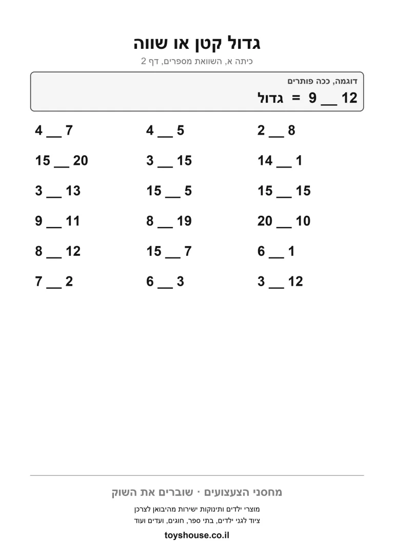 דף עבודה להשוואת מספרים להדפסה ולתרגול