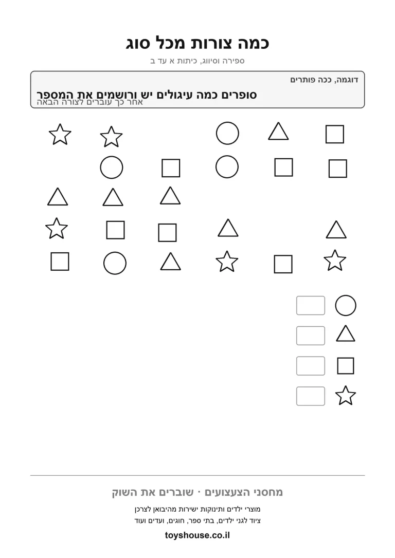 ספירת כמה צורות מכל סוג בתוך אוסף מעורבב, דף עבודה להדפסה לכיתה א
