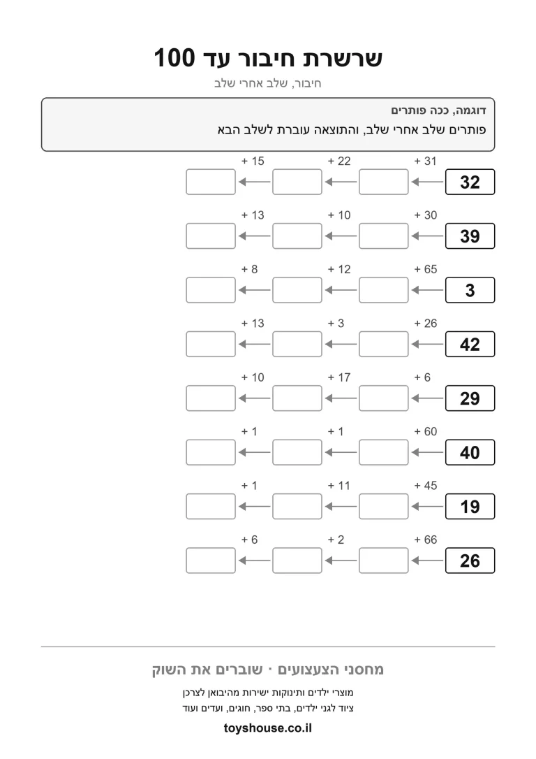 דף עבודה לשרשרת תרגילי חיבור להדפסה ולתרגול
