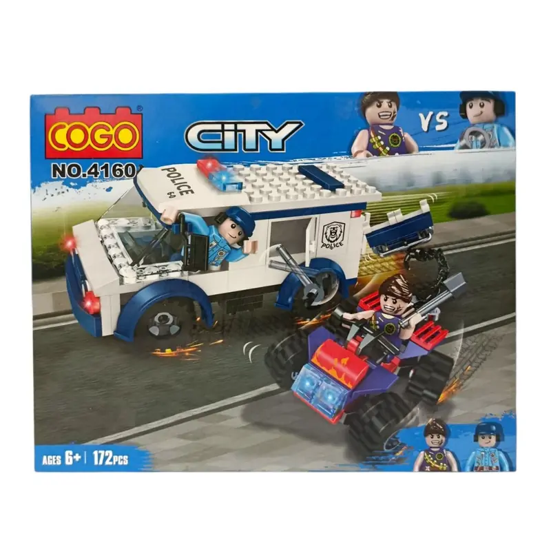 לגו ניידת משטרה וטרקטורון להרכבה, 172 חלקים קוגו COGO עם שתי דמויות, שני צדדים לסיפור, השוטר והנמלט, החלקים מתחברים לקוביות לגו, מגיל 6 ומעלה.