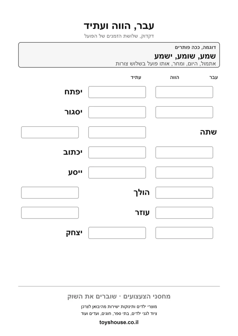 דף עבודה לזיהוי זמן הפועל במשפט, מוכן להדפסה
