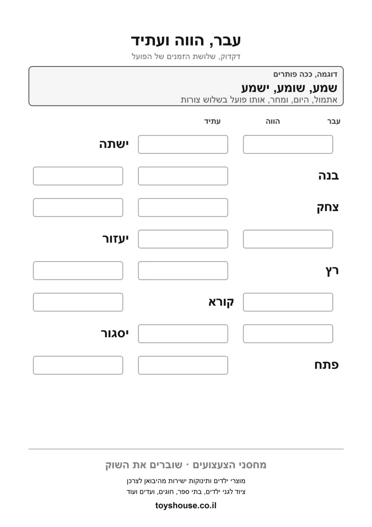 דף תרגול לזיהוי זמן הפועל במשפט להדפסה