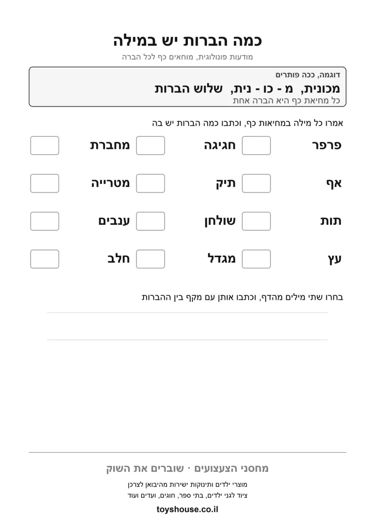 דף תרגול לספירת הברות במילה להדפסה