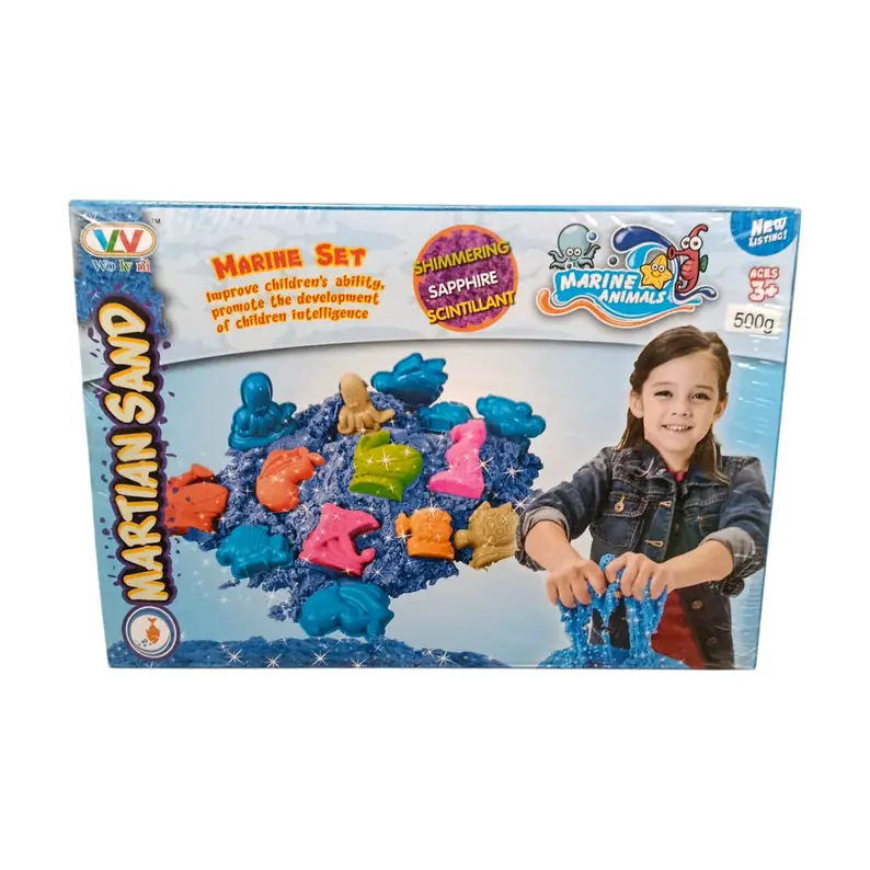 חול קינטי כחול נוצץ עם תבניות חיות ים
