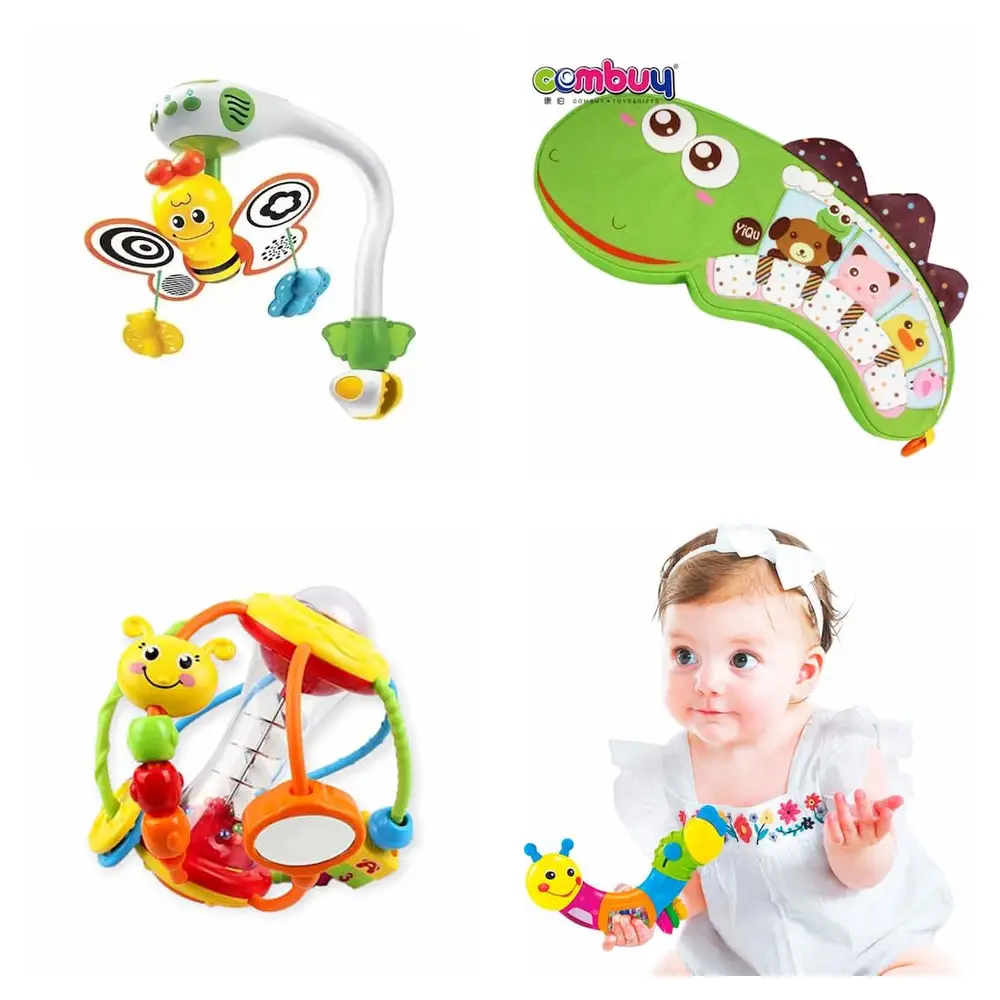 מארז מתנה לגיל שנה ארבעה צעצועי התפתחות ודמיון איכותיים ומדהימים במחיר מוזל, מתנה מושלמת ליום הולדת ראשון, מובייל מנגן, פסנתר קרוקודיל, פעלולון כדור ורעשן.