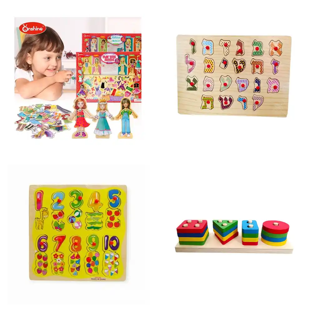 מתנה לגיל 3 מונטסורי, ארבעה משחקי עץ נבחרים להתפתחות, שפה, חשבון וצורות, אוסף מדויק שנבחר בקפידה עם המון מחשבה מתאים כמתנה ליום הולדת שלוש מרגש.