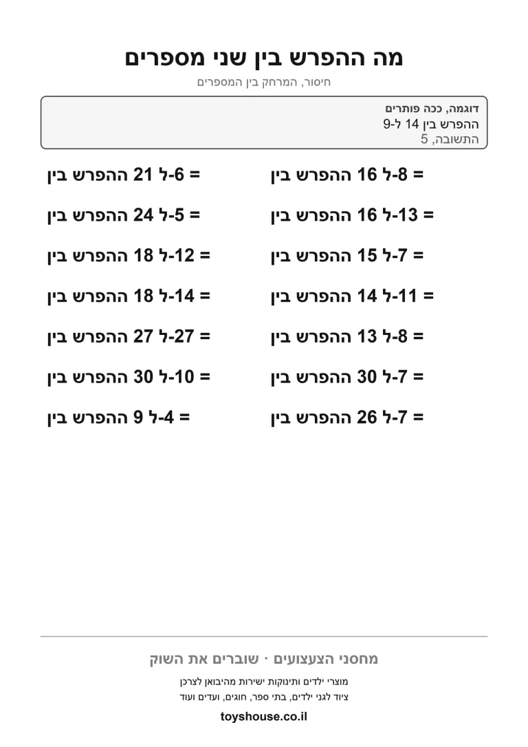 דף עבודה למציאת ההפרש בין מספרים, מוכן להדפסה