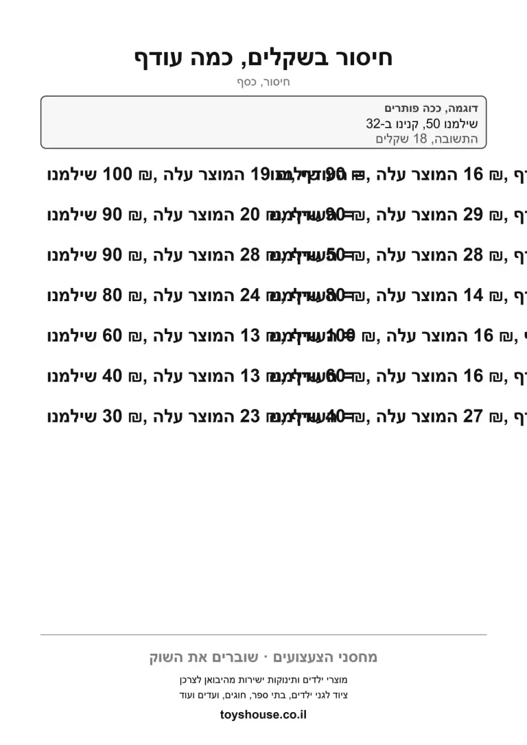 דף עבודה לחיסור בתרגילי כסף, מוכן להדפסה