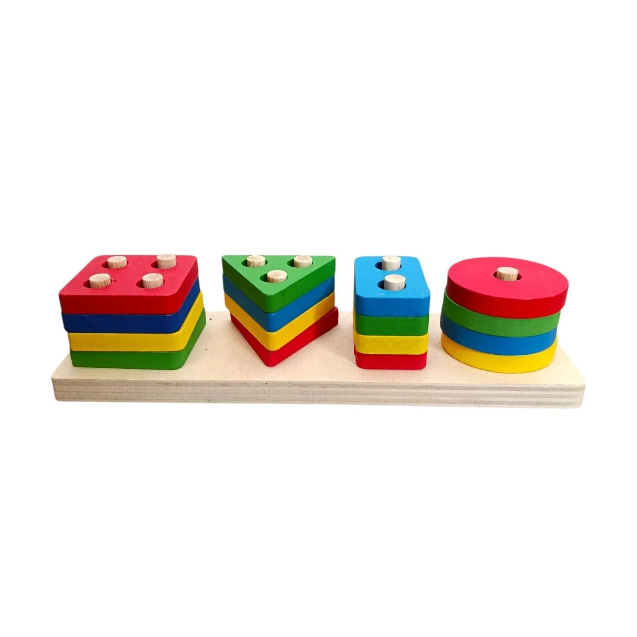 משחק מיון צורות מעץ עם ארבעה עמודים וצורות בארבעה צבעים