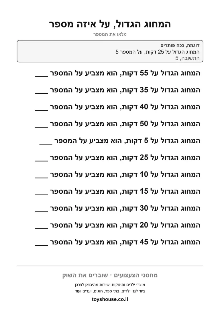 דף עבודה לקריאת השעה בדילוגי חמש להדפסה ולתרגול