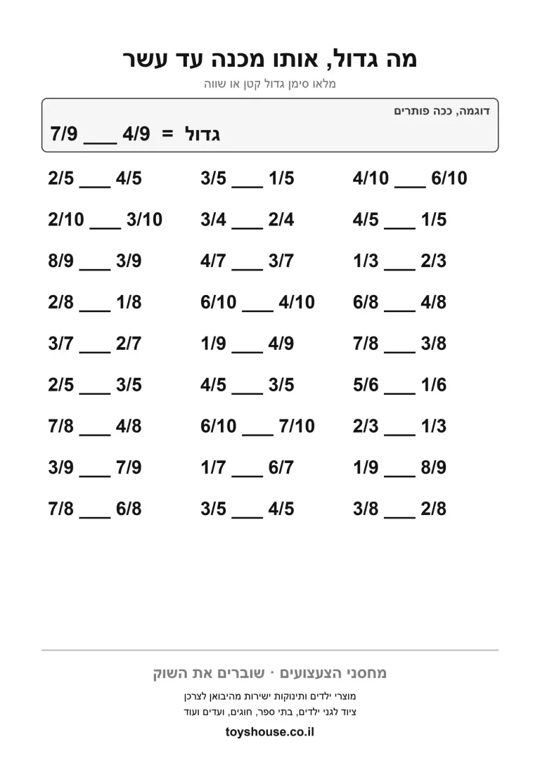 דף עבודה להשוואת שברים להדפסה ולתרגול
