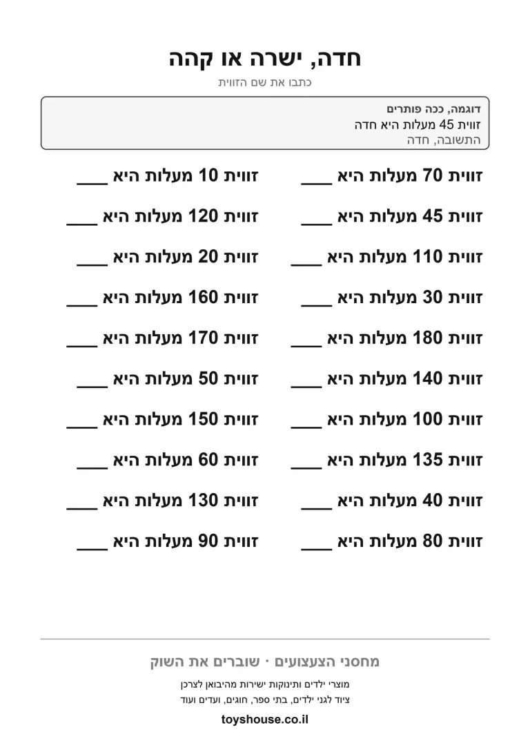 סיווג זוויות לפי מעלות לחדה ישרה או קהה, דף עבודה בגאומטריה להדפסה