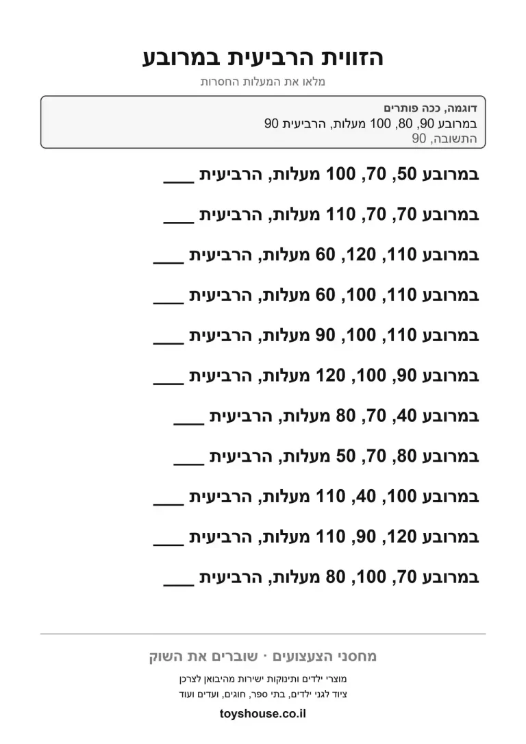 מציאת הזווית הרביעית במרובע לפי שלוש זוויות ידועות, דף עבודה בגאומטריה להדפסה