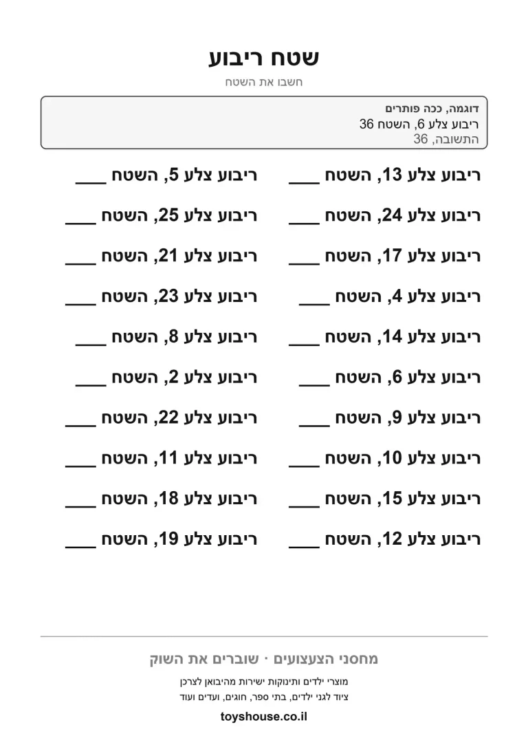 תרגילי שטח ריבוע לפי אורך הצלע, דף עבודה להדפסה לכיתה ד ולכיתה ה