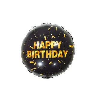 בלון עגול 18 אינץ' בשחור עם כיתוב HAPPY BIRTHDAY בזהב וקונפטי זהב, הצירוף שהכי הרבה מבקשים מגיע ארוז ולא מנופח ומתאים לניפוח באוויר או בהליום.