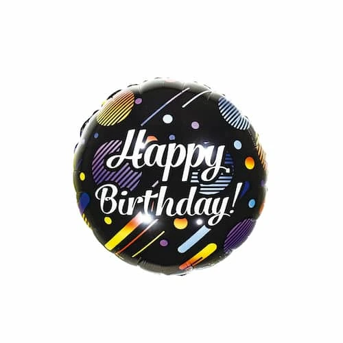 בלון עגול 18 אינץ' בשחור עם כיתוב HAPPY BIRTHDAY לבן, נקודות וקישוטים צבעוניים. מתנפח באוויר או בהליום, מגיע ארוז ולא מנופח מתאים לניפוח באוויר ובהליום.
