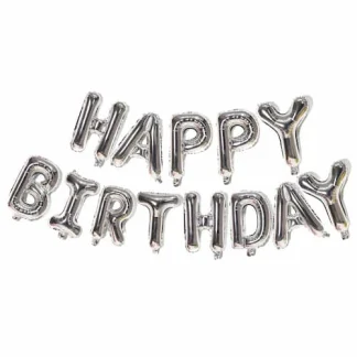 סט 13 בלוני אותיות בכסף שמרכיבים את המילים HAPPY BIRTHDAY, מתנפחים באוויר בלבד עם קש, נדבקים לקיר או נתלים על חוט, רק 19 שקלים לסט.