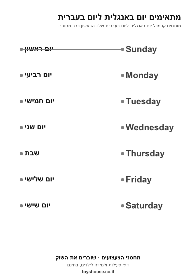דף עבודה באנגלית, ימי השבוע, התאמה, להדפסה