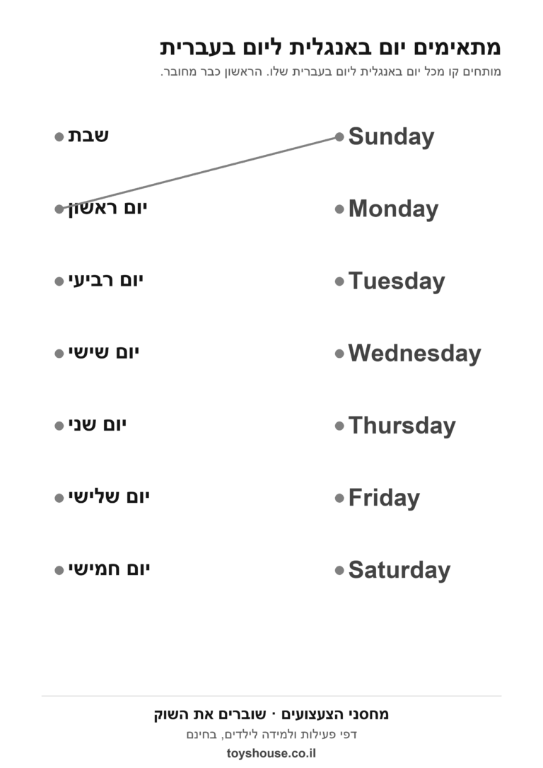 דף עבודה באנגלית, ימי השבוע, התאמה, להדפסה