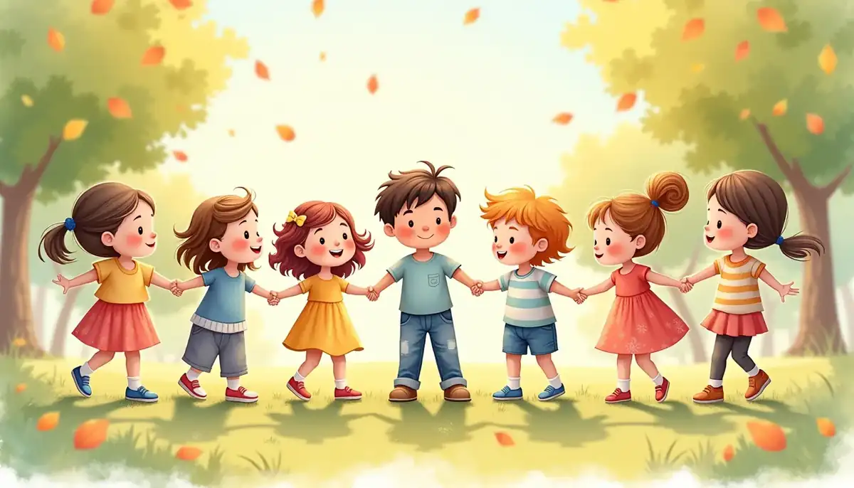 ילדי גן מחזיקים ידיים ורוקדים בחצר