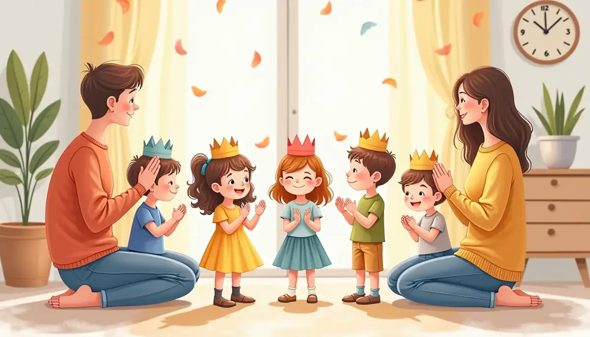 הורים וילדים במסיבה בגן, הילדים עם כתרים מנייר